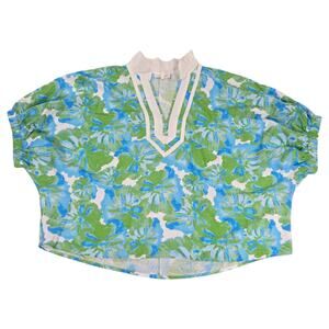 Entro Wom LG Blue Green Floral Spring Short Sleeve Blouse Summer Easter Brunch